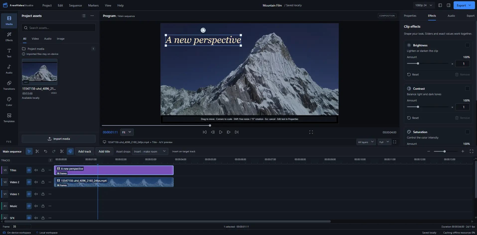 FreeVideoStudio editor showing a mountain film project with multitrack timeline, title overlay, and effects panel